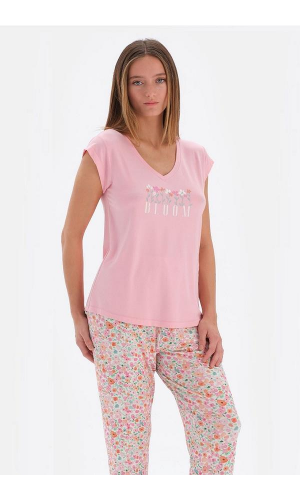 ESK33510 V YAKA KISA KOL PİJAMA TK. Lila