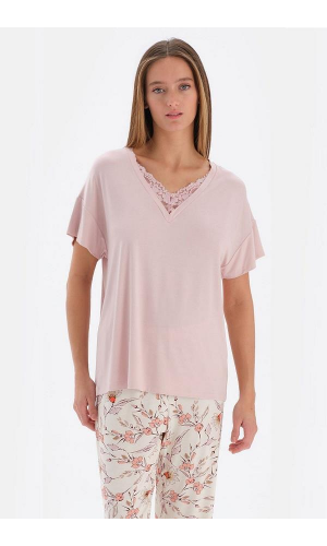 ESK33520 V YAKA KISA KOL PİJAMA TK. PEMBE