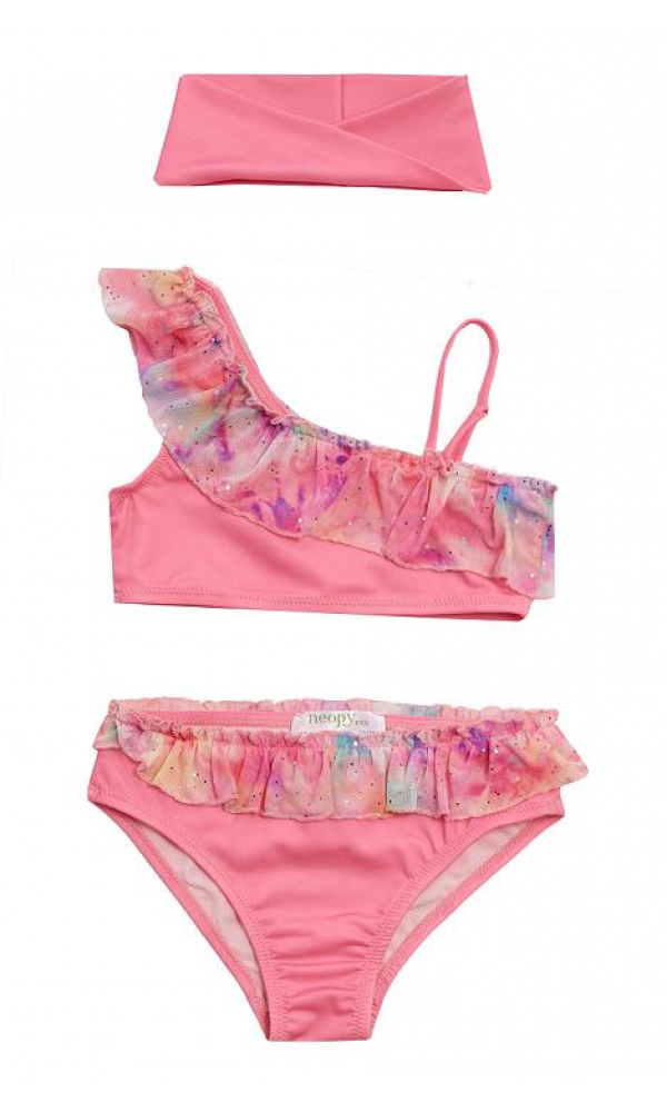 NEOPY 255204 Lane Tek Omuz Fırfır Detay Kız Çocuk Bikini PEMBE