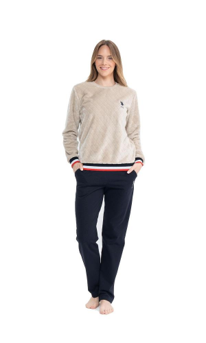 U.S POLO 17079 KADIN PELUŞ O YAKA PİJAMA TAKIM bej