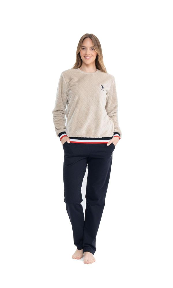 U.S POLO 17079 KADIN PELUŞ O YAKA PİJAMA TAKIM bej